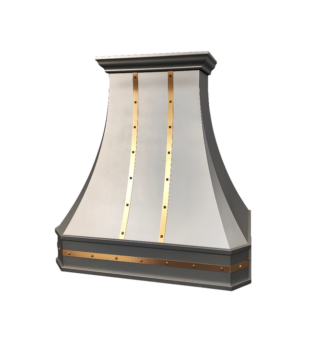 custom stainless steel range hood curved shape with brushed brass straps and square rivets
