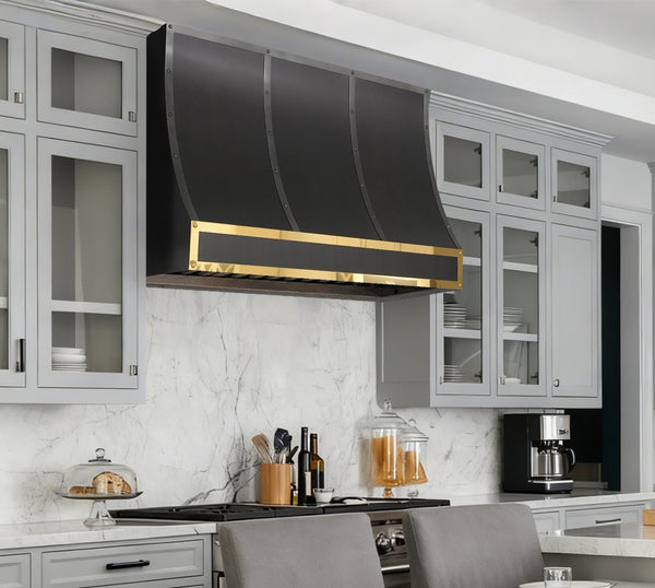 custom stainless kitchen hood with brushed gray color and mixed straps at RangeHoodMaster