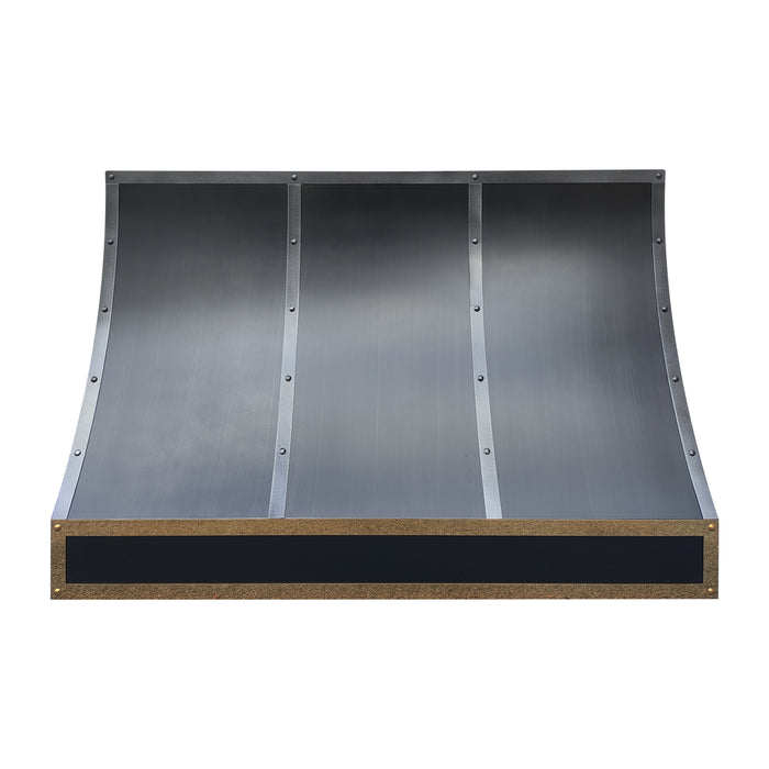 custom stainless kitchen hood with brushed gray color and mixed straps at RangeHoodMaster