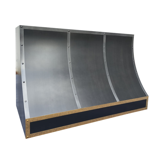 custom stainless kitchen hood with brushed gray color and mixed straps at RangeHoodMaster