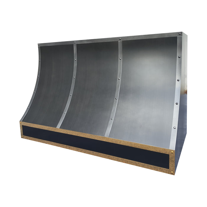 custom stainless kitchen hood with brushed gray color and mixed straps at RangeHoodMaster