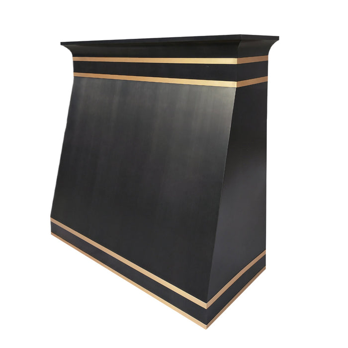 stainless steel range hood custom brushed gray with dove crown molding and brushed brass straps at RangeHoodMaster