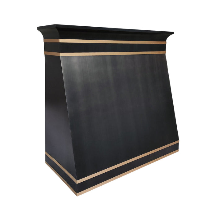 stainless steel range hood custom brushed gray with dove crown molding and brushed brass straps at RangeHoodMaster