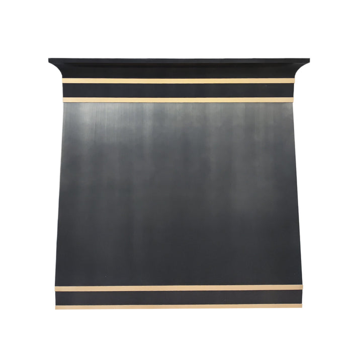 stainless steel range hood custom brushed gray with dove crown molding and brushed brass straps at RangeHoodMaster