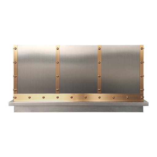 custom stainless steel range hood box design with extended apron and brushed brass straps and rivets at rangehoodmaster