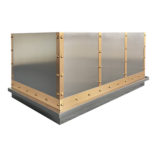 custom stainless steel range hood box design with extended apron and brushed brass straps and rivets at rangehoodmaster