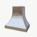 Stainless steel range hood custom curved design with brushed brass straps and apron from RangeHoodMaster