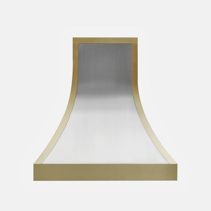 Stainless steel range hood custom curved design with brushed brass straps and apron from RangeHoodMaster