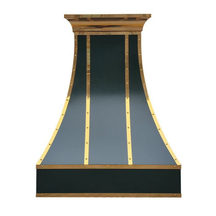 Custom stainless steel range hood in essex green angled shape with polished brass crown molding and straps at RangeHoodMaster