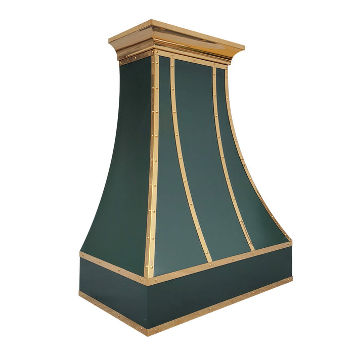 Custom stainless steel range hood in essex green angled shape with polished brass crown molding and straps at RangeHoodMaster