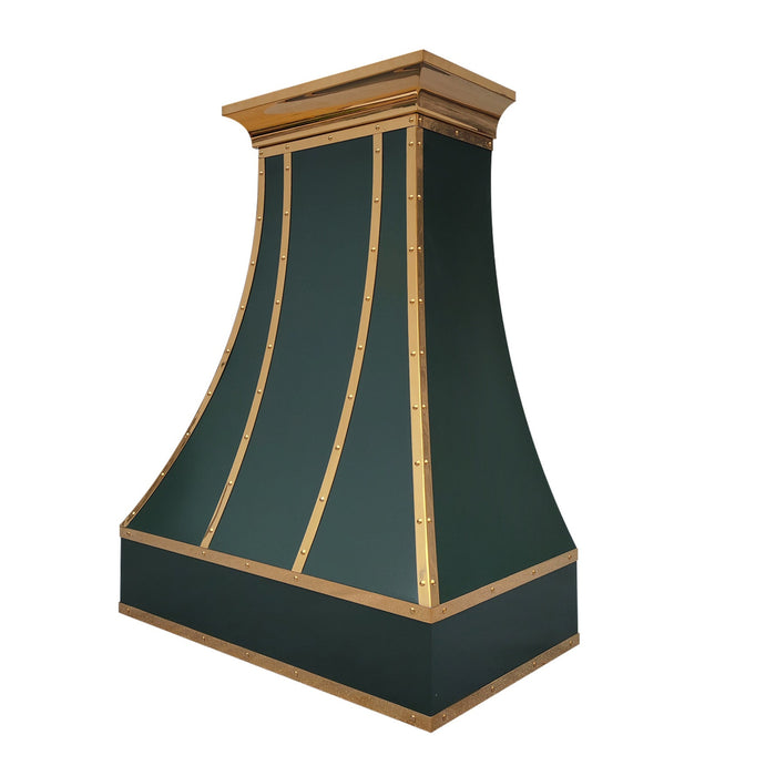 Custom stainless steel range hood in essex green angled shape with polished brass crown molding and straps at RangeHoodMaster