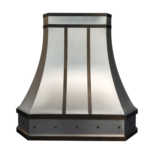 custom stainless steel range hood with antique brushed brass straps and round rivets