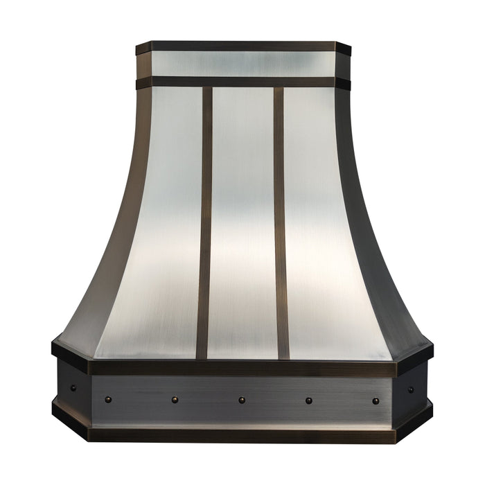 custom stainless steel range hood with antique brushed brass straps and round rivets