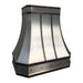 custom stainless steel range hood with antique brushed brass straps and round rivets