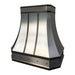 custom stainless steel range hood with antique brushed brass straps and round rivets