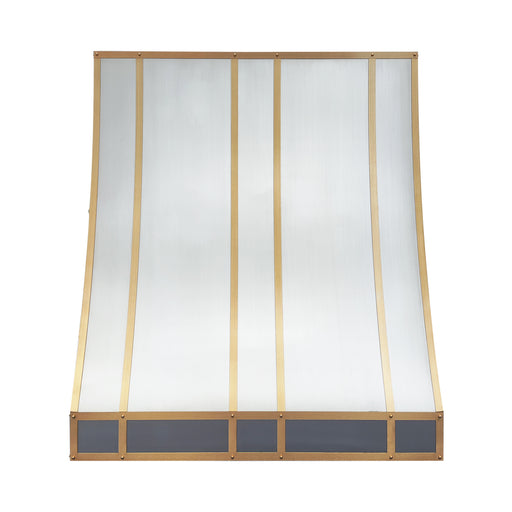 stainless steel range hood slope design custom handmade with brushed brass straps on front and apron