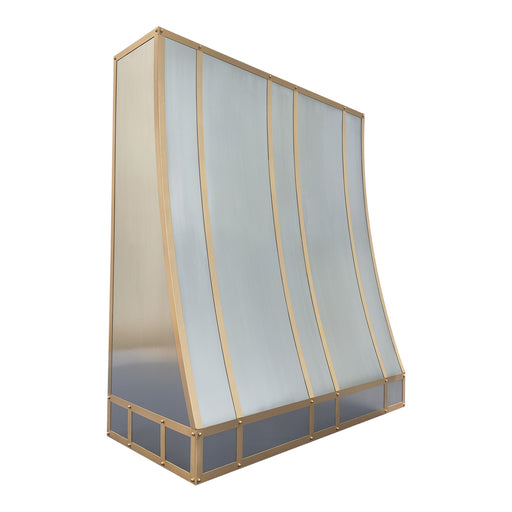stainless steel range hood slope design custom handmade with brushed brass straps on front and apron