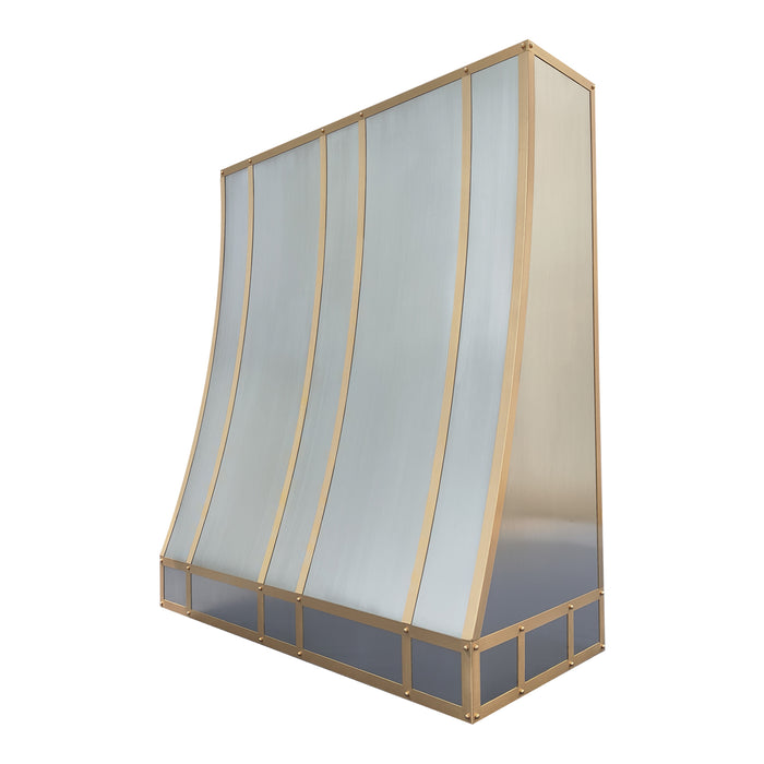 stainless steel range hood slope design custom handmade with brushed brass straps on front and apron