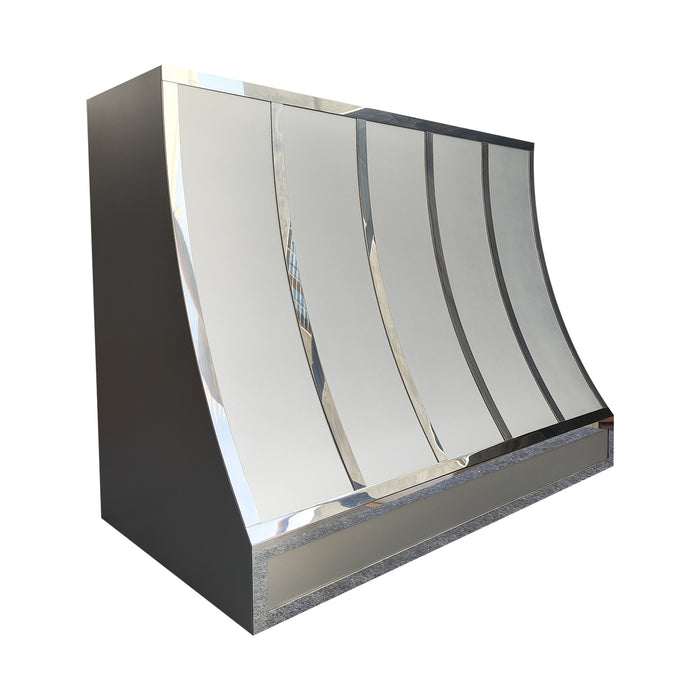 custom brushed stainless steel range hood sloped shape with polished stainless steel straps at rangehoodmaster