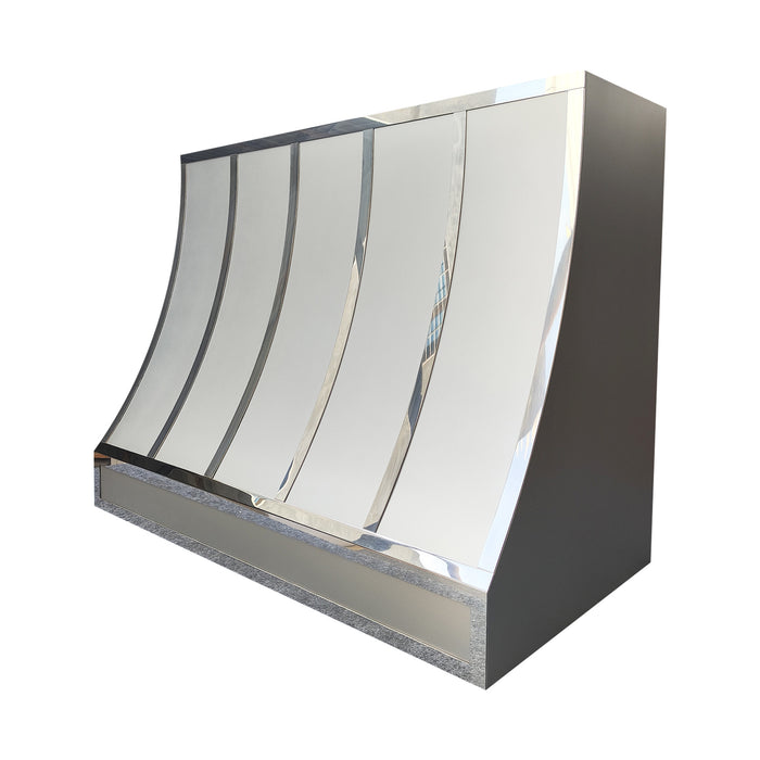 custom brushed stainless steel range hood sloped shape with polished stainless steel straps at rangehoodmaster