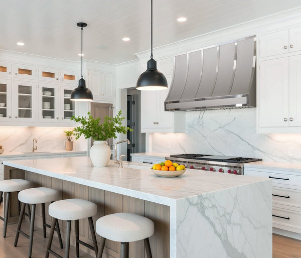 custom brushed stainless steel range hood sloped shape with polished stainless steel straps at rangehoodmaster