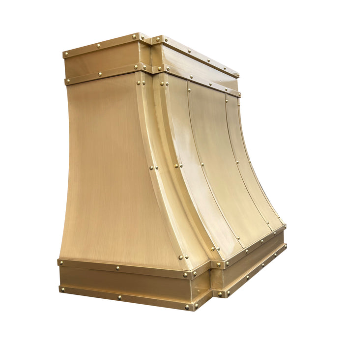 Custom brass range hood modern curved design with straps and rivets at RangeHoodMaster