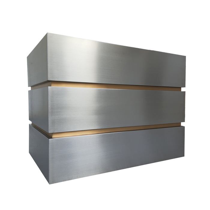 stainless steel range hood box shape 3 layers design with brushed brass straps at RangeHoodMaster