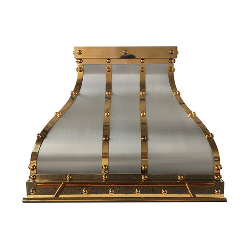 Custom brushed stainless steel bell range hood with golden polished brass straps rivets and pot rail handmade at rangehoodmaster