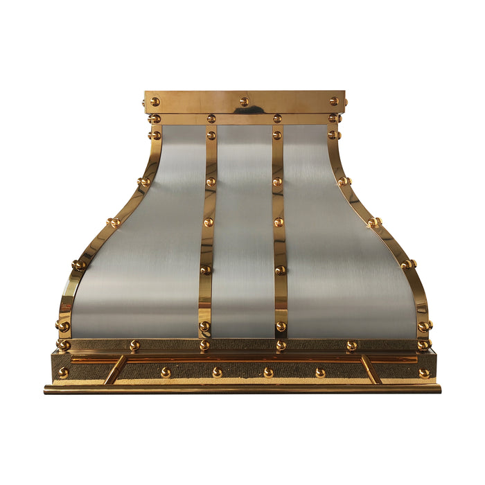 Custom brushed stainless steel bell range hood with golden polished brass straps rivets and pot rail handmade at rangehoodmaster