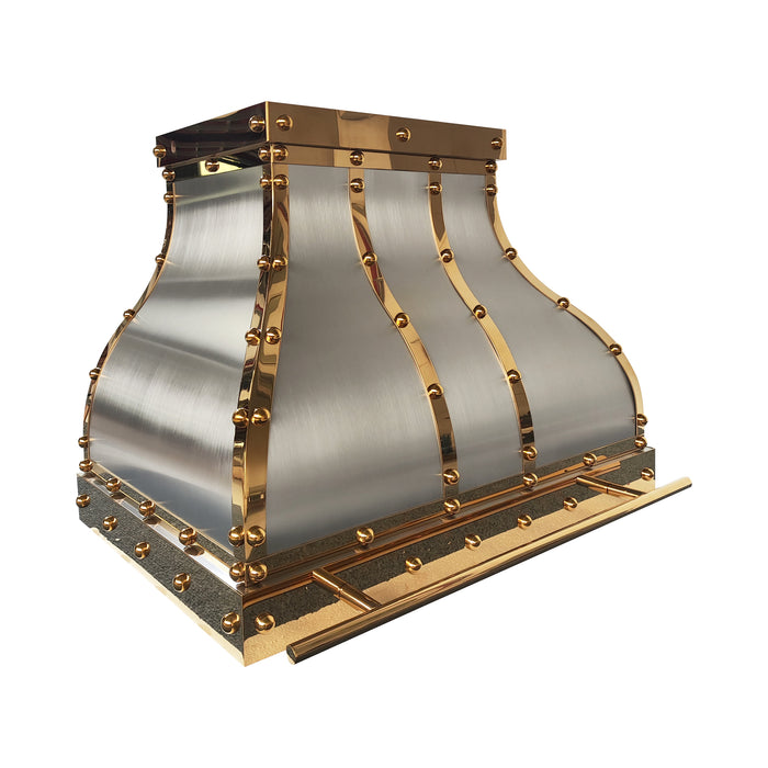 Custom brushed stainless steel bell range hood with golden polished brass straps rivets and pot rail handmade at rangehoodmaster
