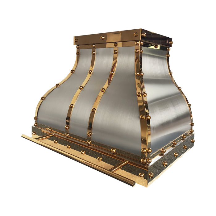 Custom brushed stainless steel bell range hood with golden polished brass straps rivets and pot rail handmade at rangehoodmaster