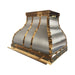 Custom brushed stainless steel bell range hood with golden polished brass straps rivets and pot rail handmade at rangehoodmaster