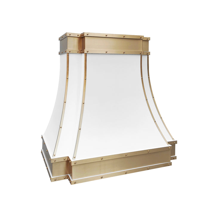 stainless steel range hood custom white painted modern curve shape with brushed brass apron and straps and rivets at RangeHoodMaster