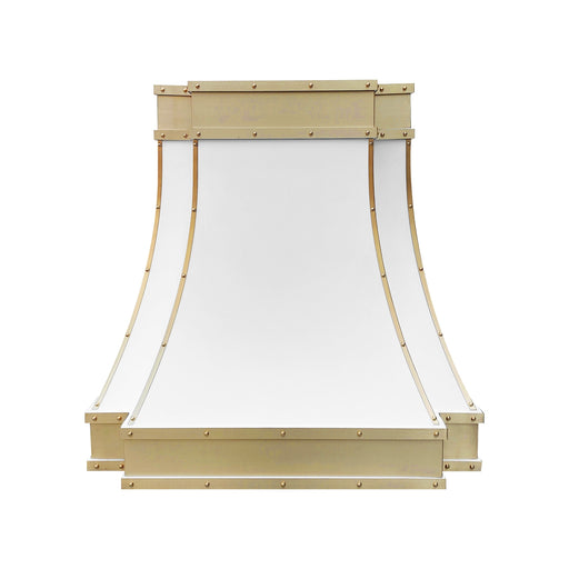 stainless steel range hood custom white painted modern curve shape with brushed brass apron and straps and rivets at RangeHoodMaster