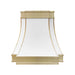 stainless steel range hood custom white painted modern curve shape with brushed brass apron and straps and rivets at RangeHoodMaster