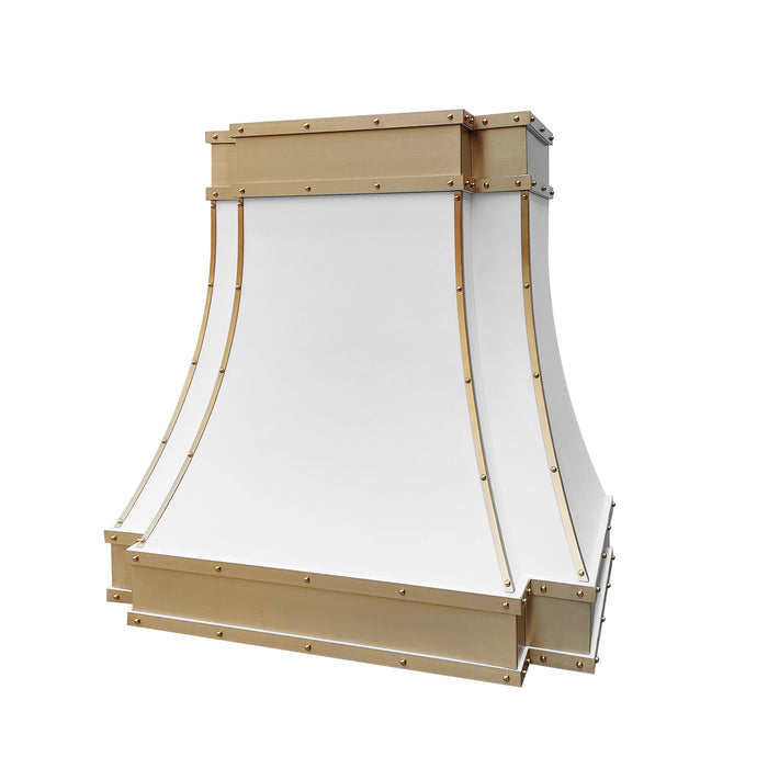 stainless steel range hood custom white painted modern curve shape with brushed brass apron and straps and rivets at RangeHoodMaster