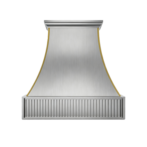 curved stainless steel kitchen hood with polished brass accents and decorative fluted design front view