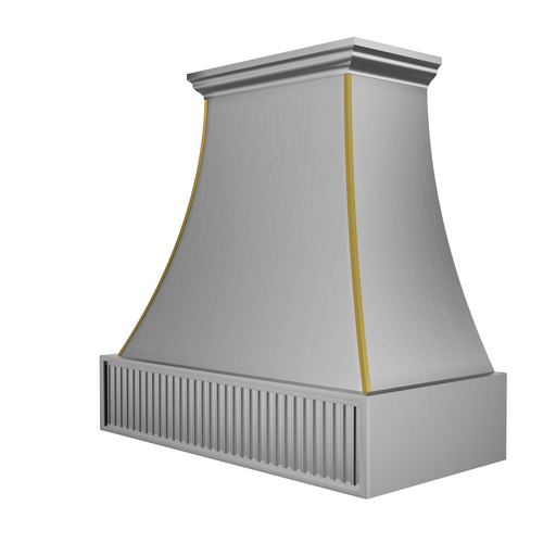 curved stainless steel kitchen hood with polished brass accents and decorative fluted design sloped view