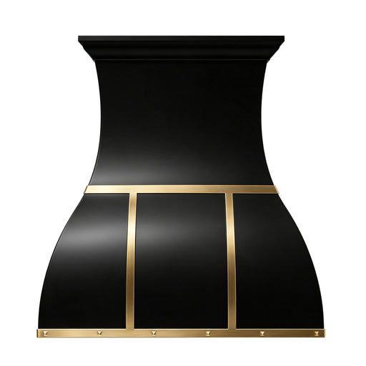 black painted stainless steel kitchen range hood with brass accents for luxury kitchen designs