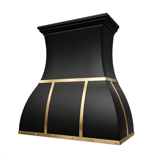 black painted stainless steel kitchen range hood with brass accents and decorative molding