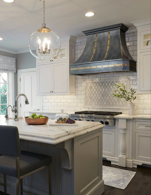custom antique zinc range hoods with brass straps and rivets at rangehoodmaster