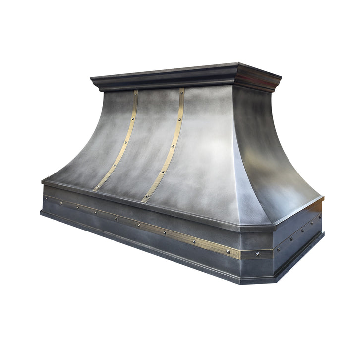 custom antique zinc range hoods with brass straps and rivets at rangehoodmaster