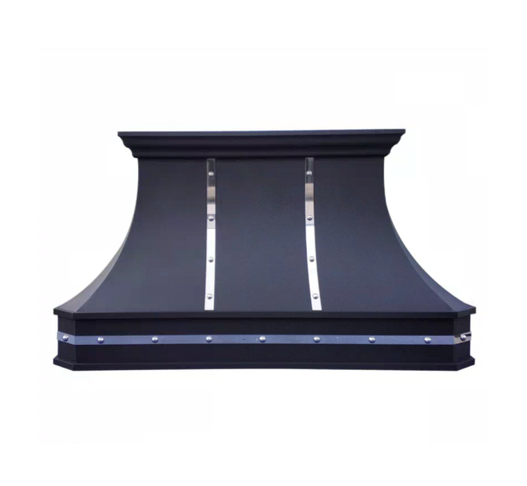 RHM Sweep Black Stainless Steel Custom Range Hood with Polished Straps SH3-C2P