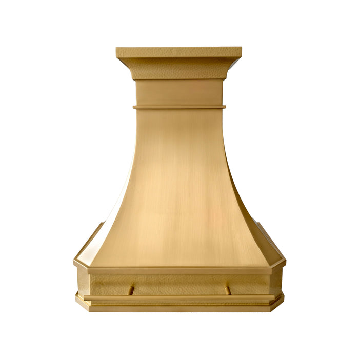 curved brass range hood with hammered crown