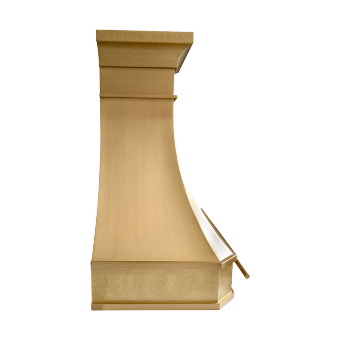 brushed brass range hood with pot rail