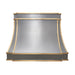 Custom metal range hood in kitchen made with pure zinc material and brushed brass straps and small round rivets