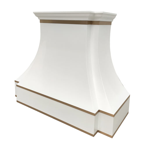 White painted stainless steel range hood with gold mirror like banding and crown
