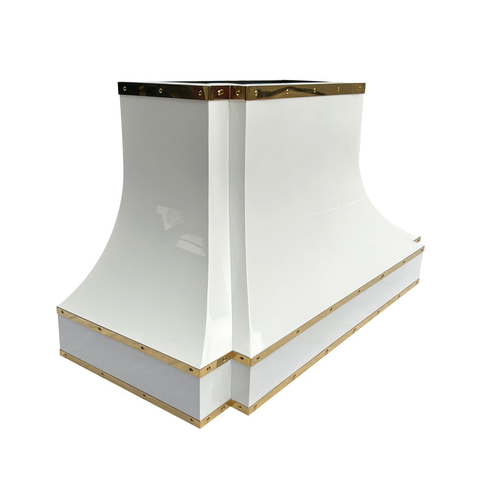 white stainless steel range hood custom curve shape luxury design with golden accents at rangehoodmaster