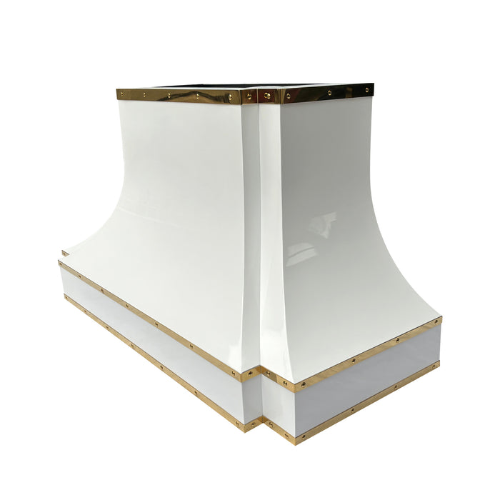 white stainless steel range hood custom curve shape luxury design with golden accents at rangehoodmaster
