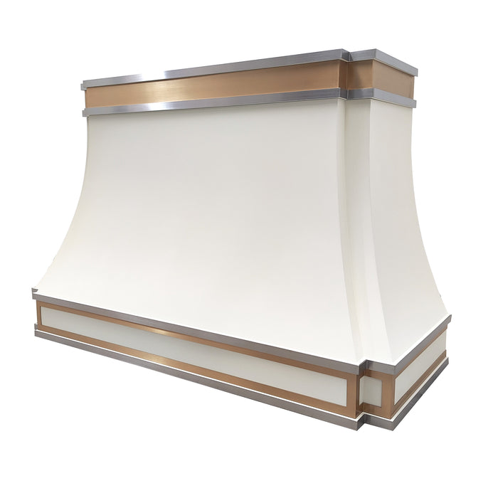 RangeHoodMaster custom designed curved shape white painted stainless steel range hood with stainless steel and brass straps decor